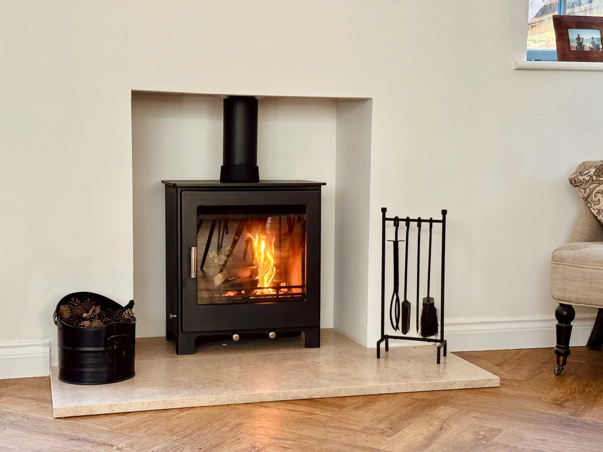 HETAS registered wood-burning stove installation in a domestic living room